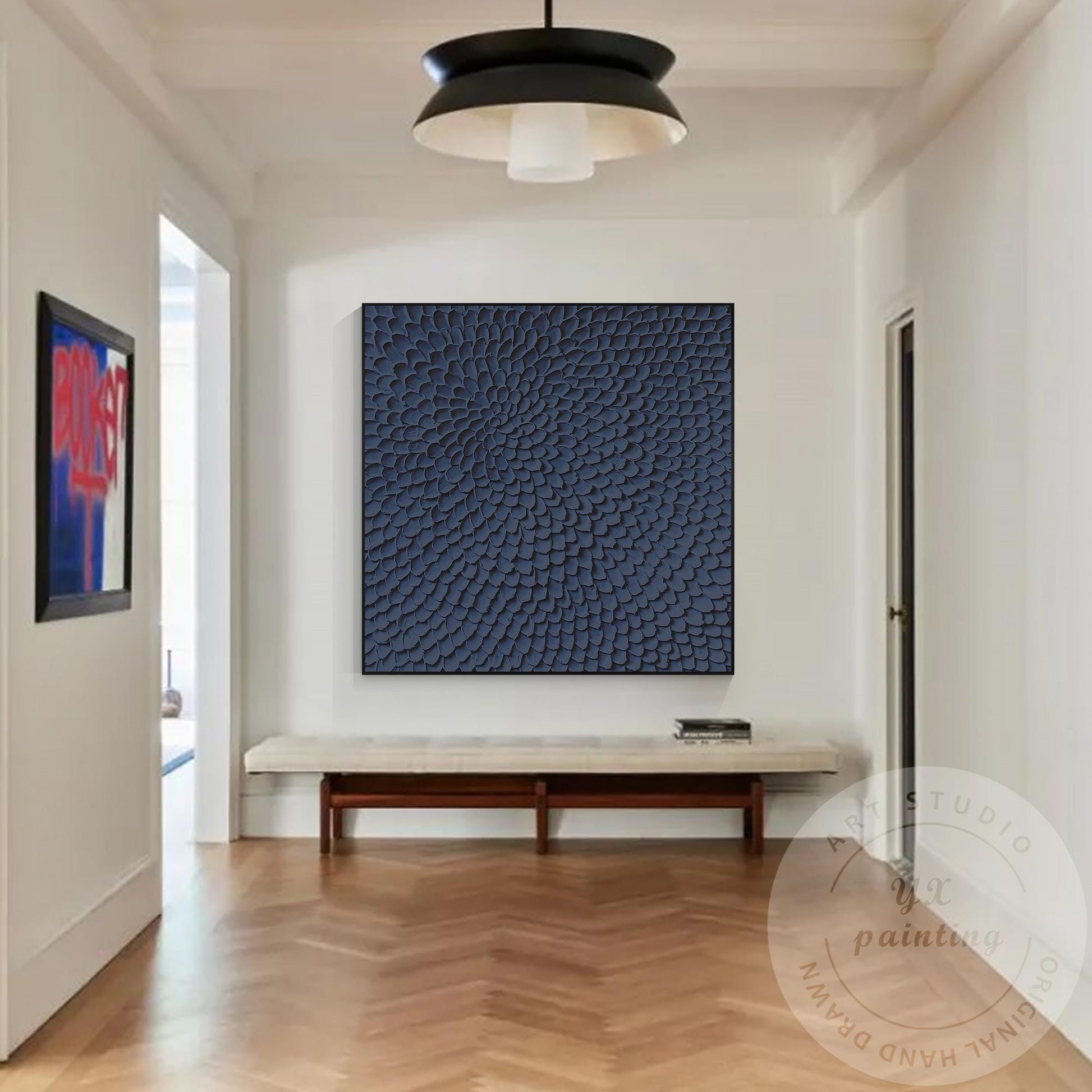 Navy Blue Textured Abstract Wall Art, Modern Sculptural Canvas Painting, Radial  #4