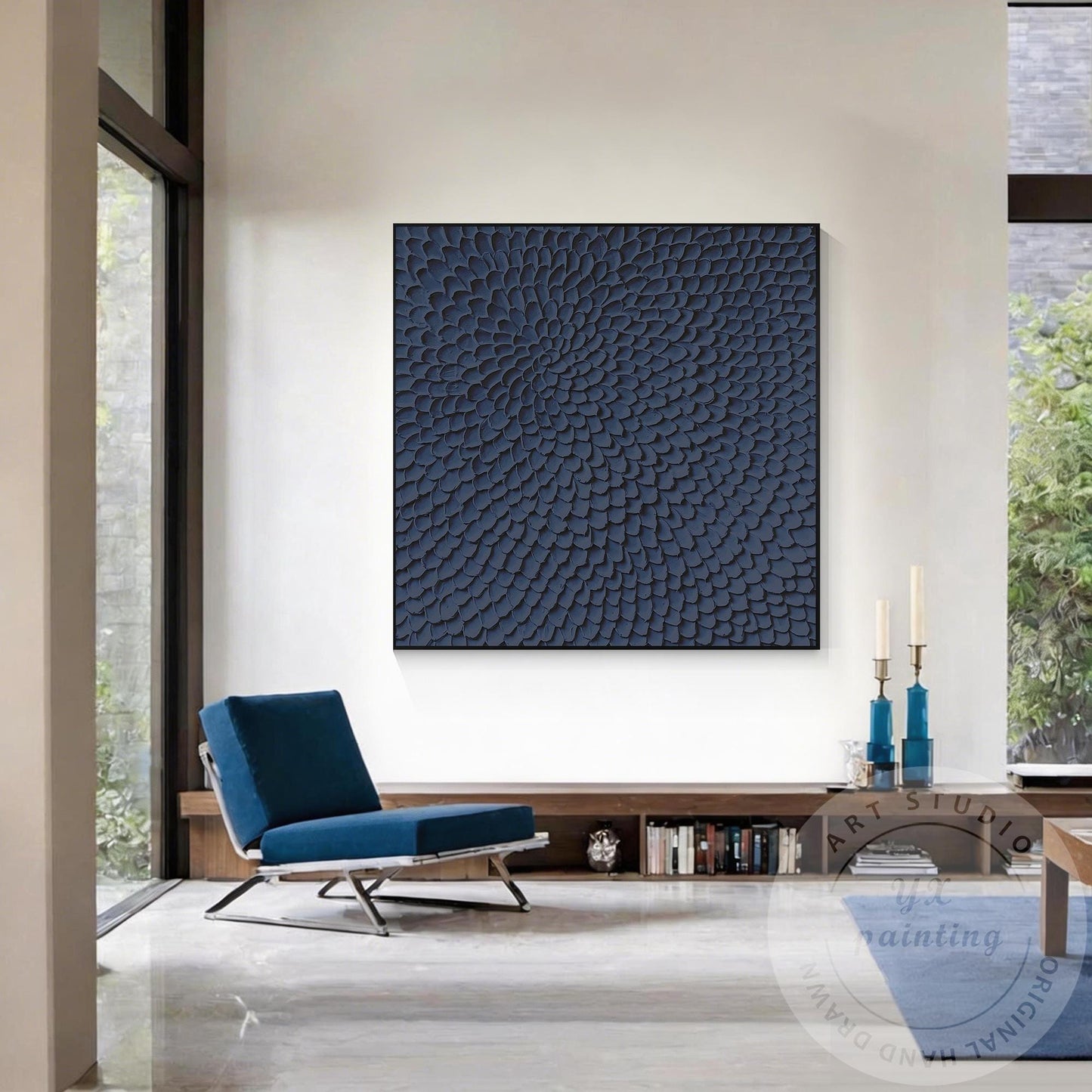Navy Blue Textured Abstract Wall Art, Modern Sculptural Canvas Painting, Radial  #5