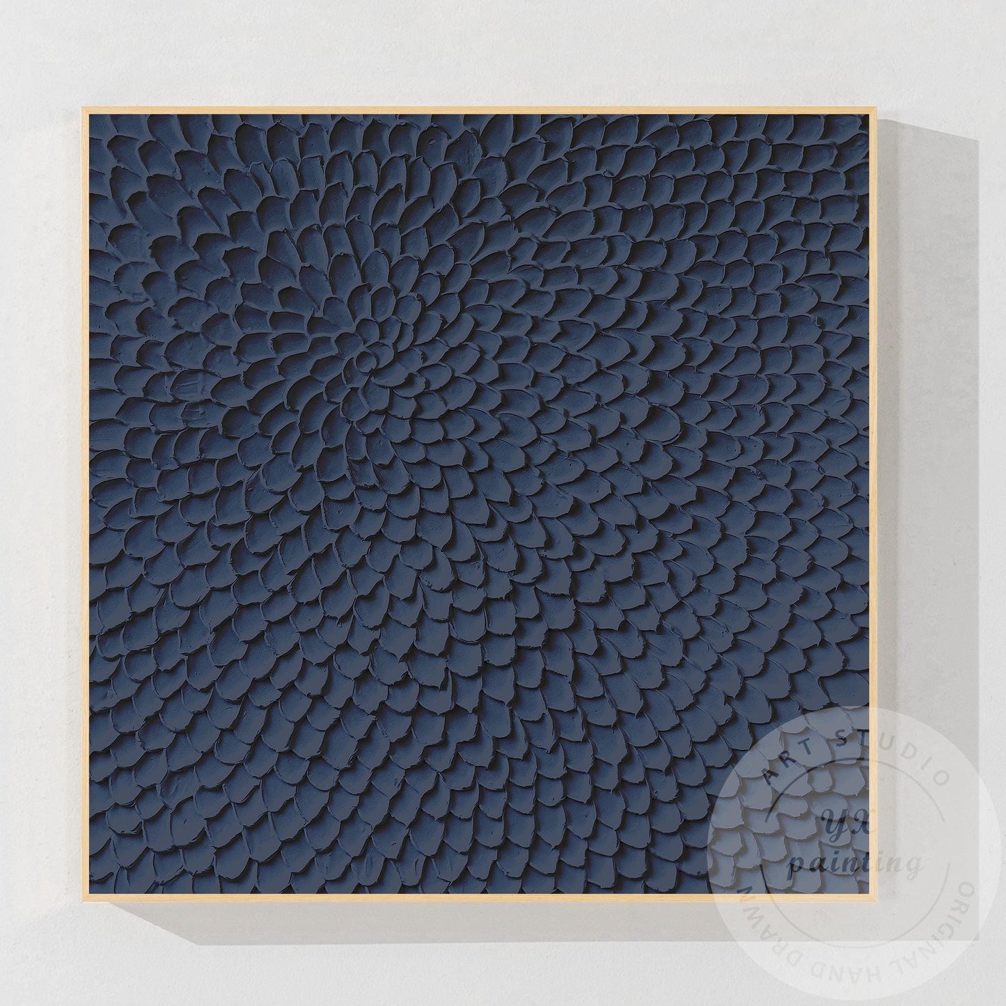 Navy Blue Textured Abstract Wall Art, Modern Sculptural Canvas Painting, Radial  #9
