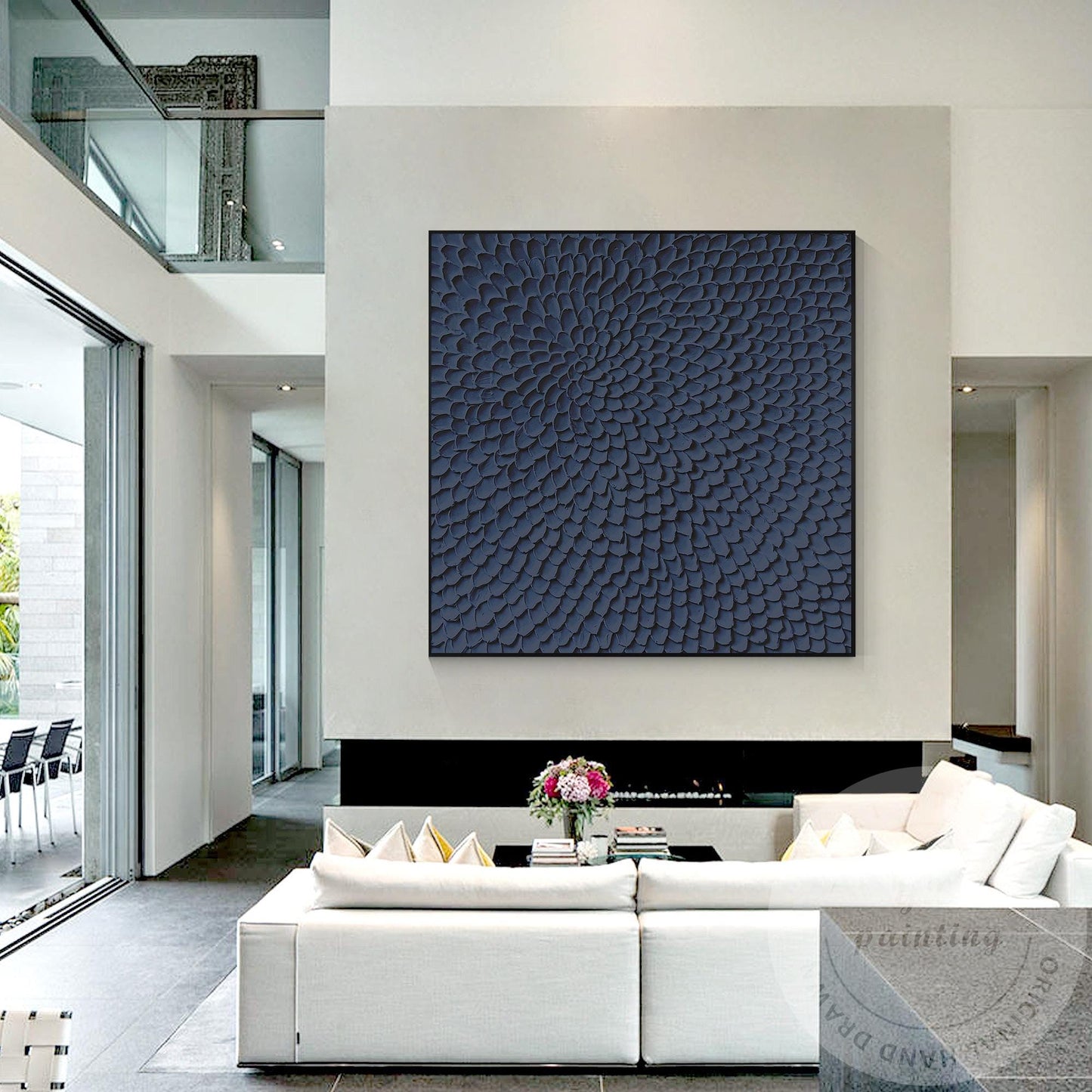 Navy Blue Textured Abstract Wall Art, Modern Sculptural Canvas Painting, Radial  #1