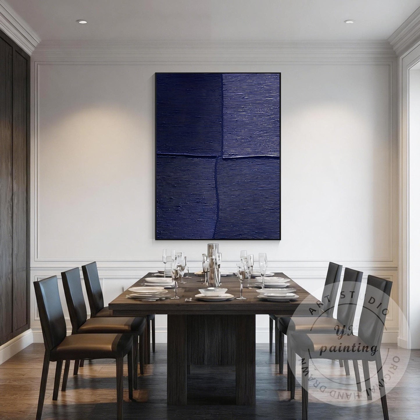 Navy Blue Textured Wall Art, Large Geometric Abstract Canvas Painting, Modern Mi #2
