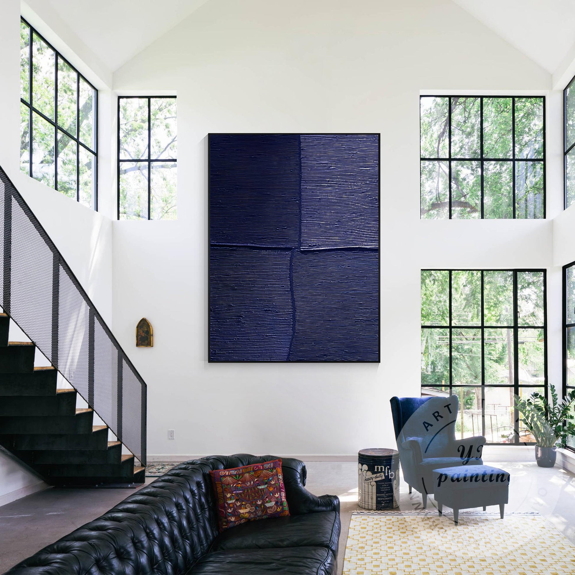 Navy Blue Textured Wall Art, Large Geometric Abstract Canvas Painting, Modern Mi #3