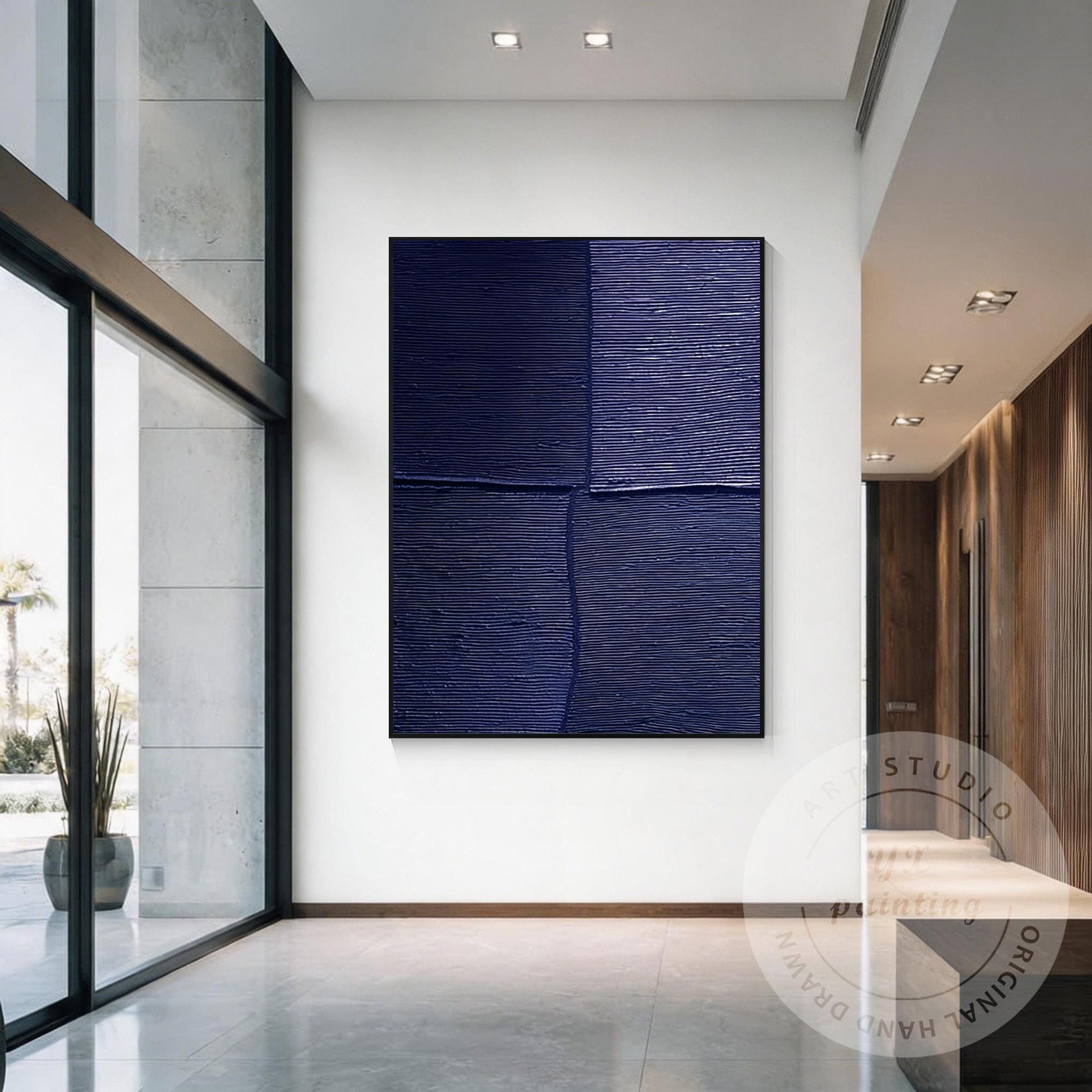Navy Blue Textured Wall Art, Large Geometric Abstract Canvas Painting, Modern Mi #4