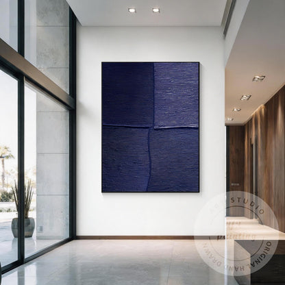 Navy Blue Textured Wall Art, Large Geometric Abstract Canvas Painting, Modern Mi #4