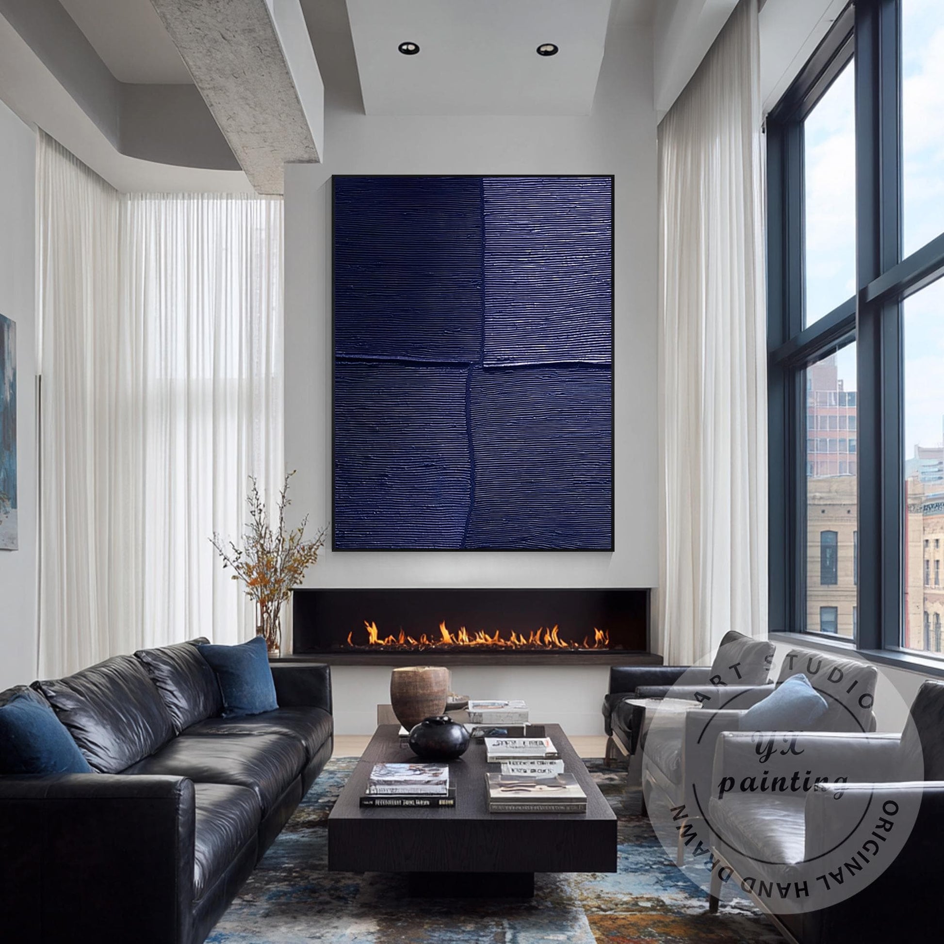 Navy Blue Textured Wall Art, Large Geometric Abstract Canvas Painting, Modern Mi #5