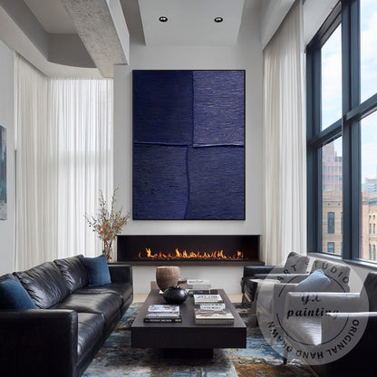 Navy Blue Textured Wall Art, Large Geometric Abstract Canvas Painting, Modern Mi #5
