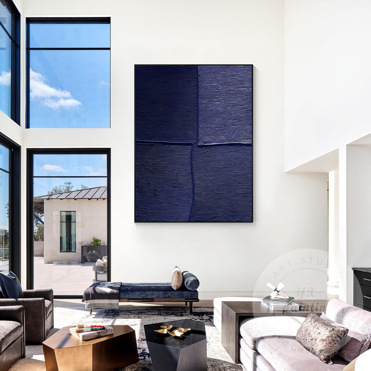 Navy Blue Textured Wall Art, Large Geometric Abstract Canvas Painting, Modern Mi #1