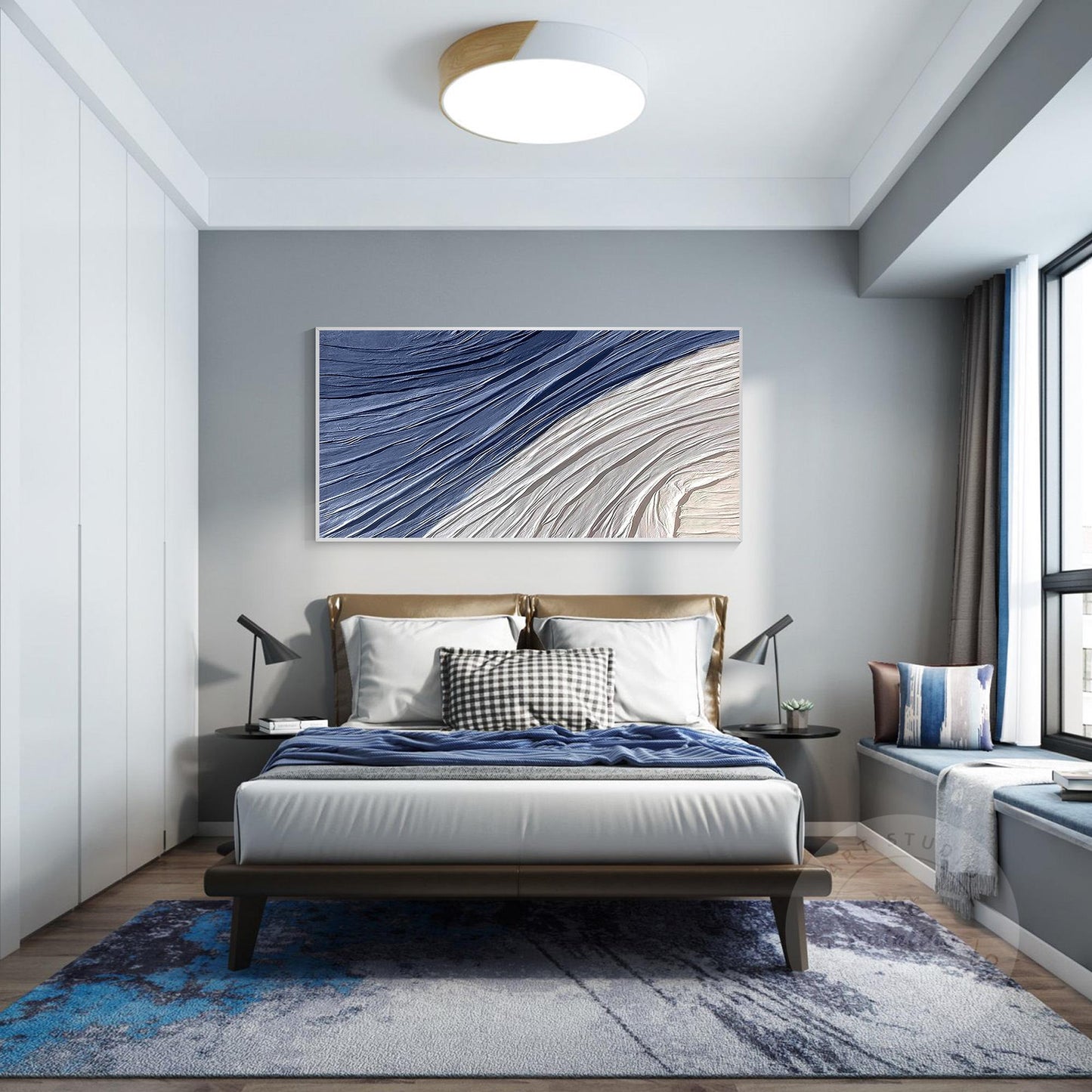 Navy Blue Wall art,3D Texture Plaster Wall Art Blue, Minimalist Horizontal Art,  #2