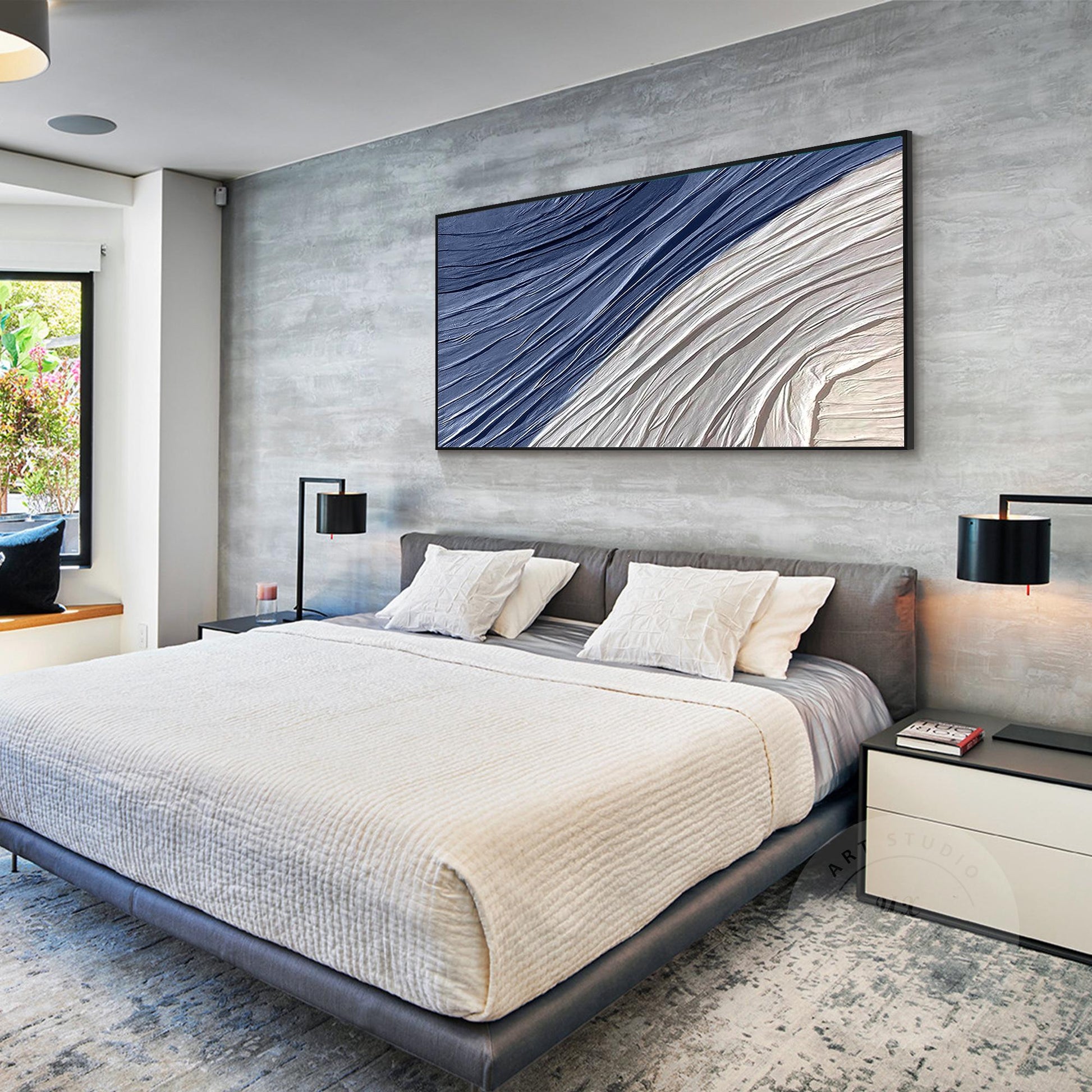Navy Blue Wall art,3D Texture Plaster Wall Art Blue, Minimalist Horizontal Art,  #4