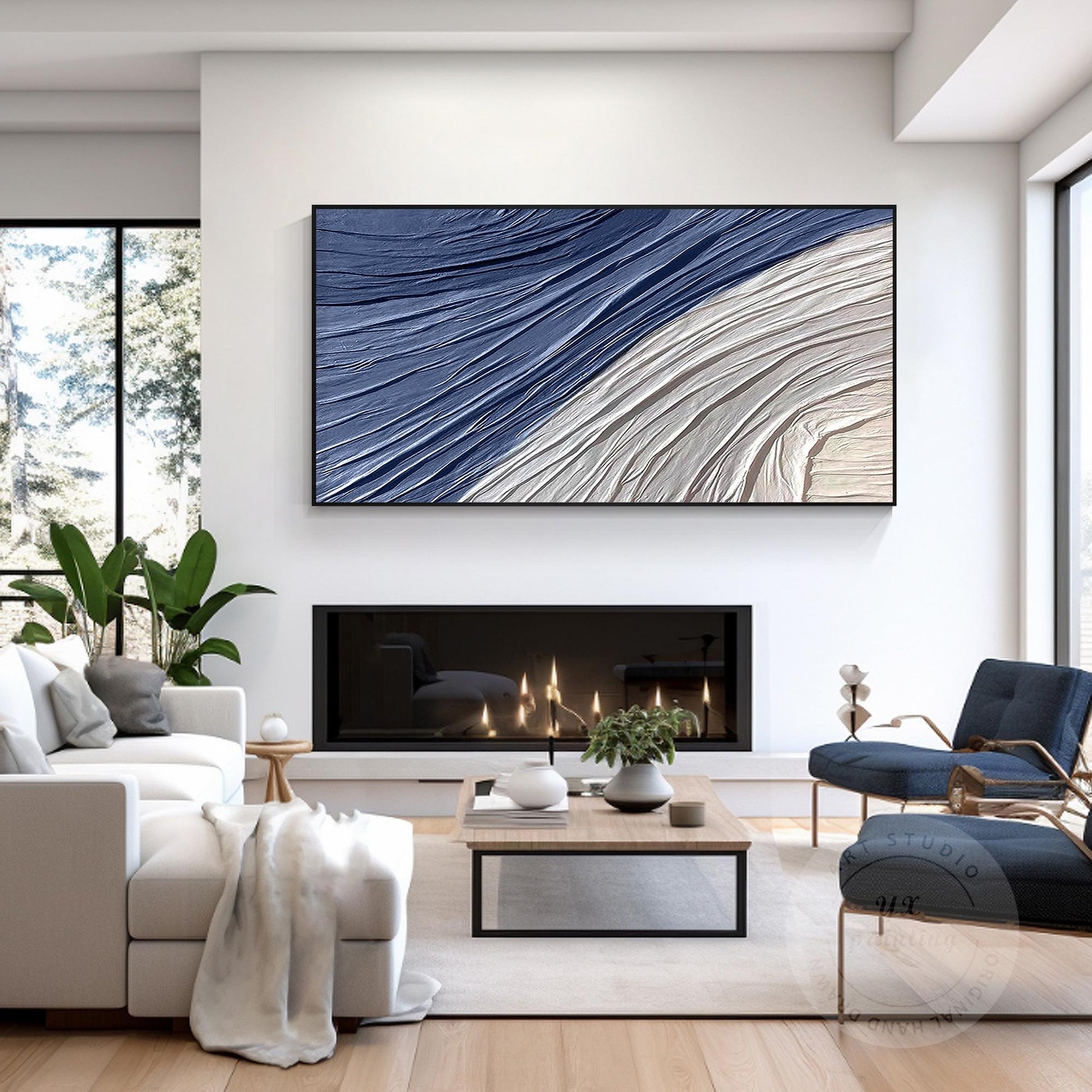 Navy Blue Wall art,3D Texture Plaster Wall Art Blue, Minimalist Horizontal Art,  #5