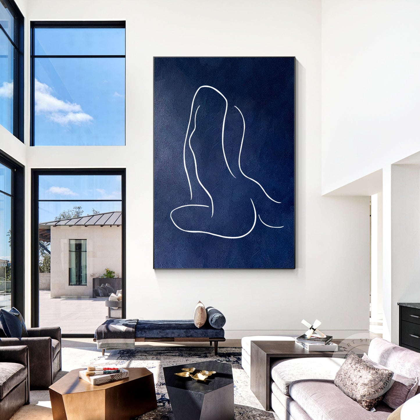 Navy Blue Woman Figure Painting: Minimalist Framed Canvas Wall Art #2