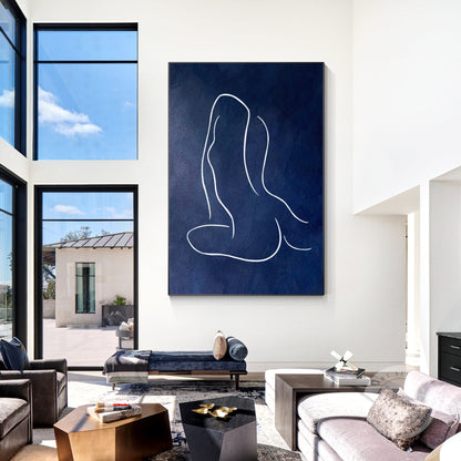 Navy Blue Woman Figure Painting: Minimalist Framed Canvas Wall Art #2