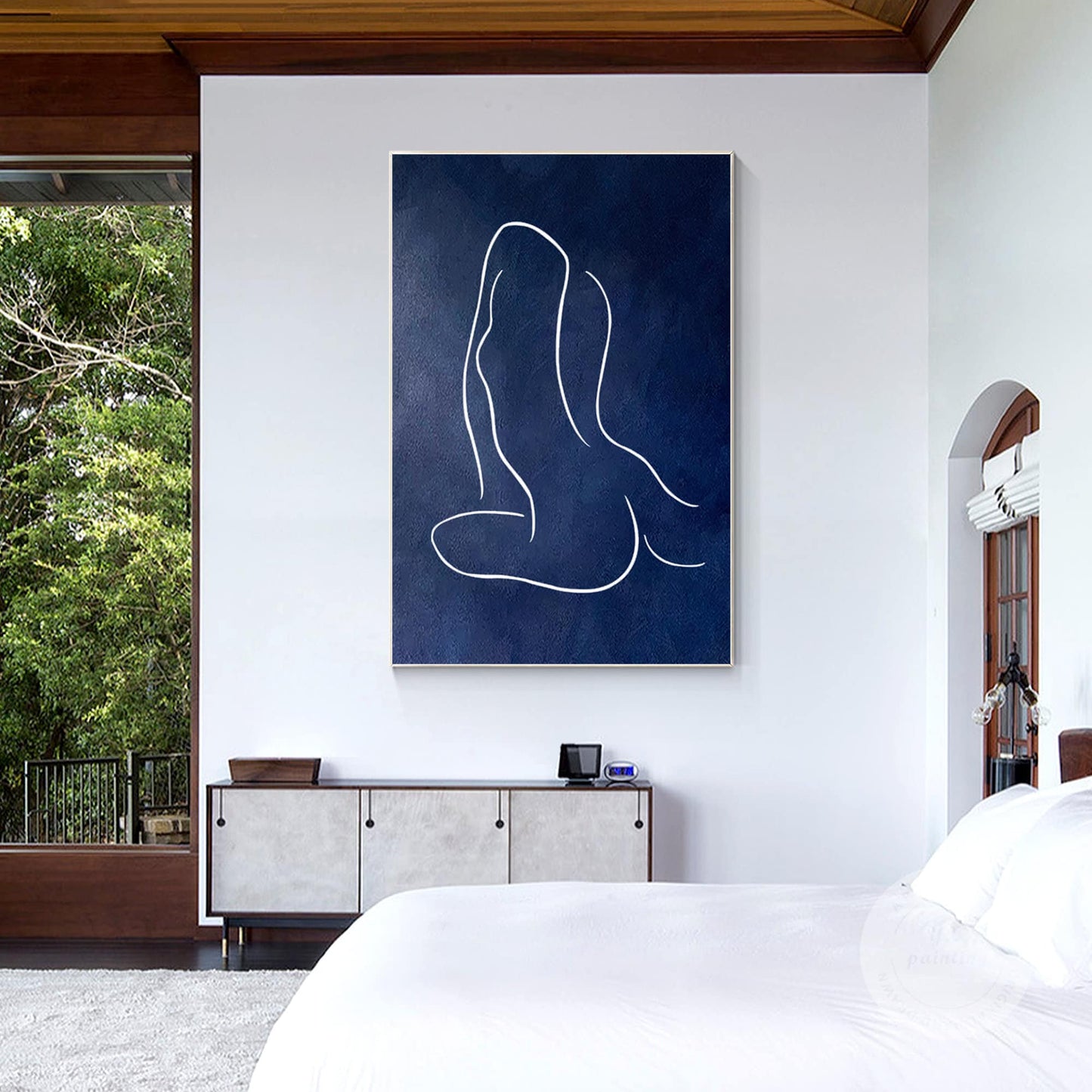Navy Blue Woman Figure Painting: Minimalist Framed Canvas Wall Art #3