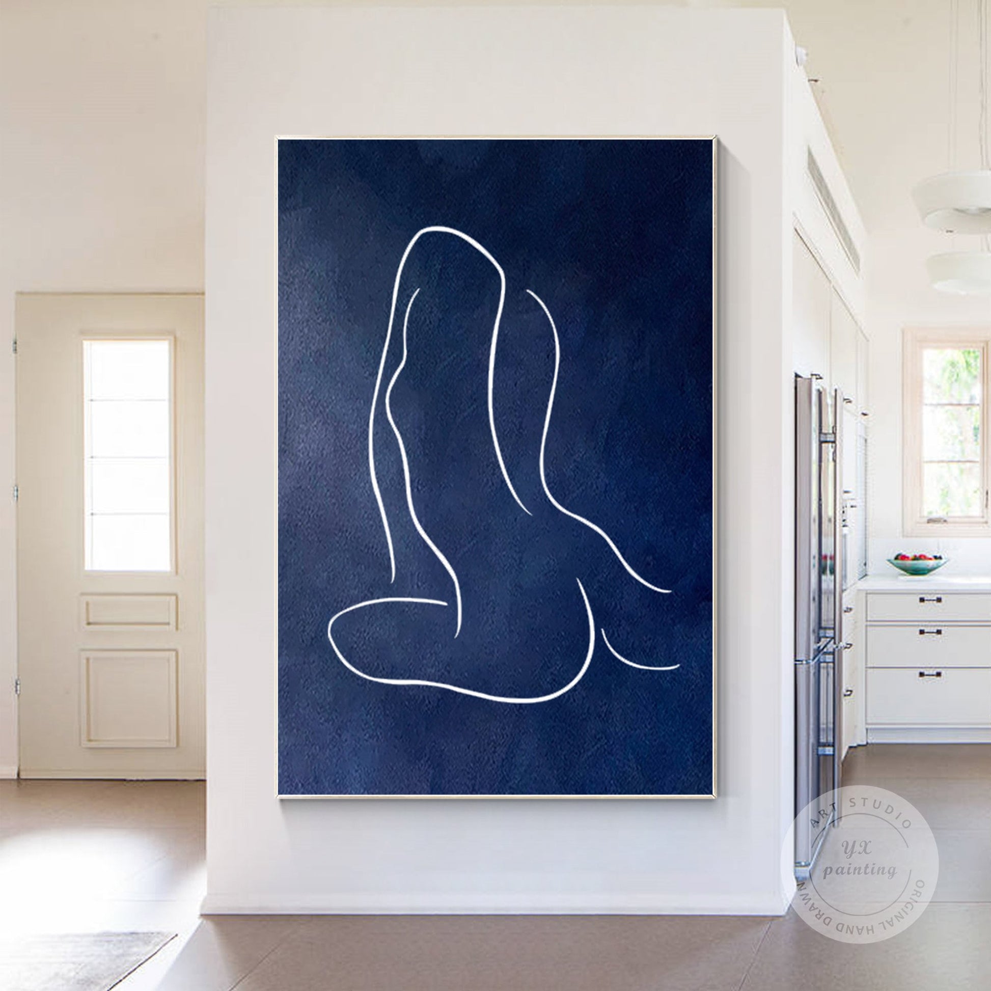 Navy Blue Woman Figure Painting: Minimalist Framed Canvas Wall Art #4