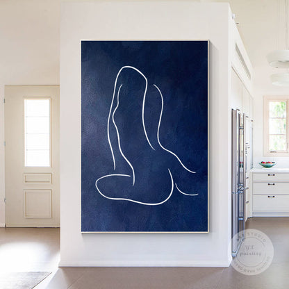 Navy Blue Woman Figure Painting: Minimalist Framed Canvas Wall Art #4