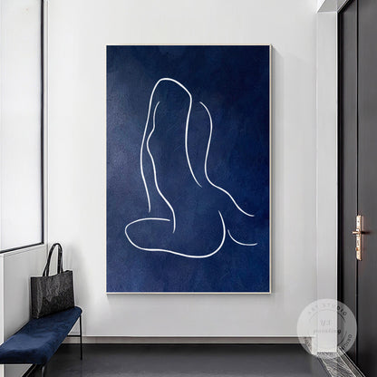 Navy Blue Woman Figure Painting: Minimalist Framed Canvas Wall Art #5