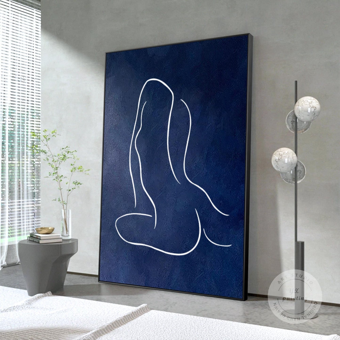 Navy Blue Woman Figure Painting: Minimalist Framed Canvas Wall Art #1