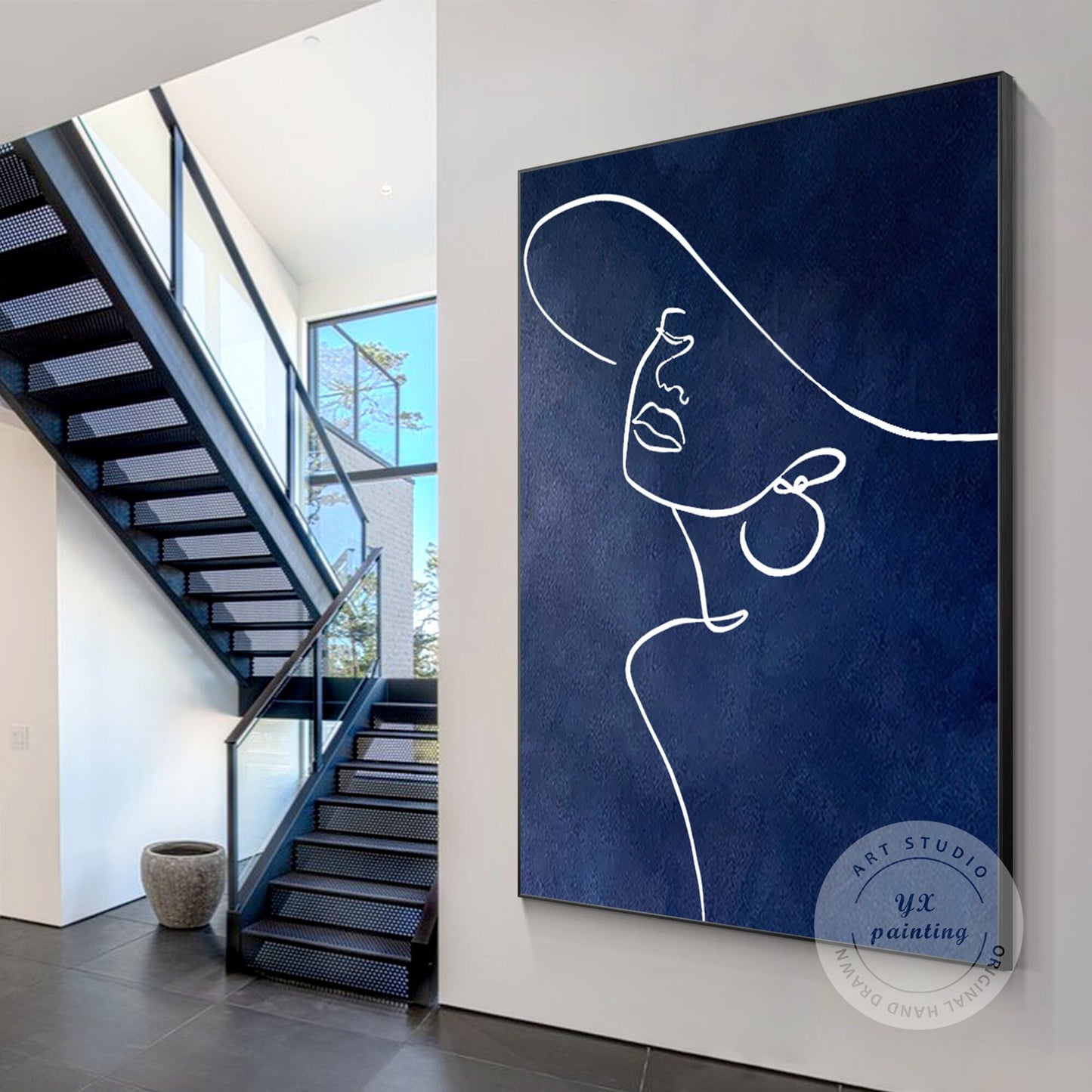 Navy Blue Woman Line Art: Original Acrylic Painting on Canvas #2