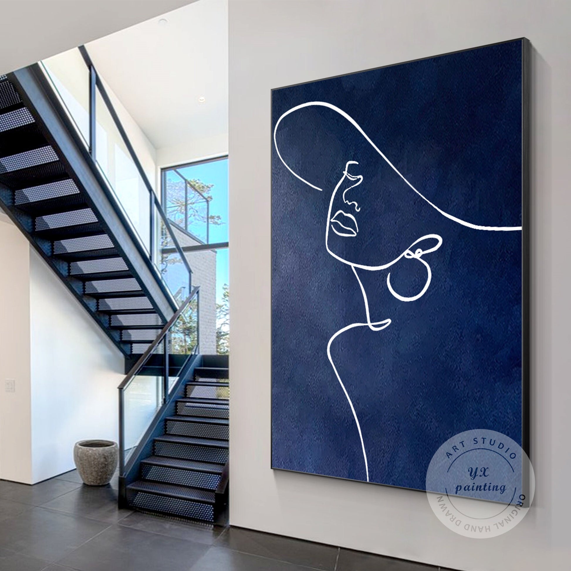 Navy Blue Woman Line Art: Original Acrylic Painting on Canvas #2