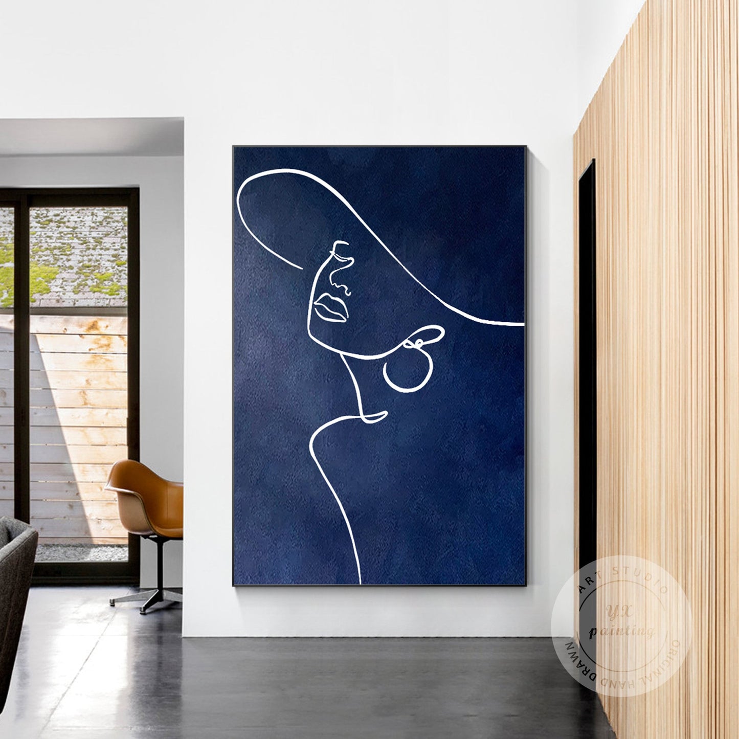 Navy Blue Woman Line Art: Original Acrylic Painting on Canvas #3