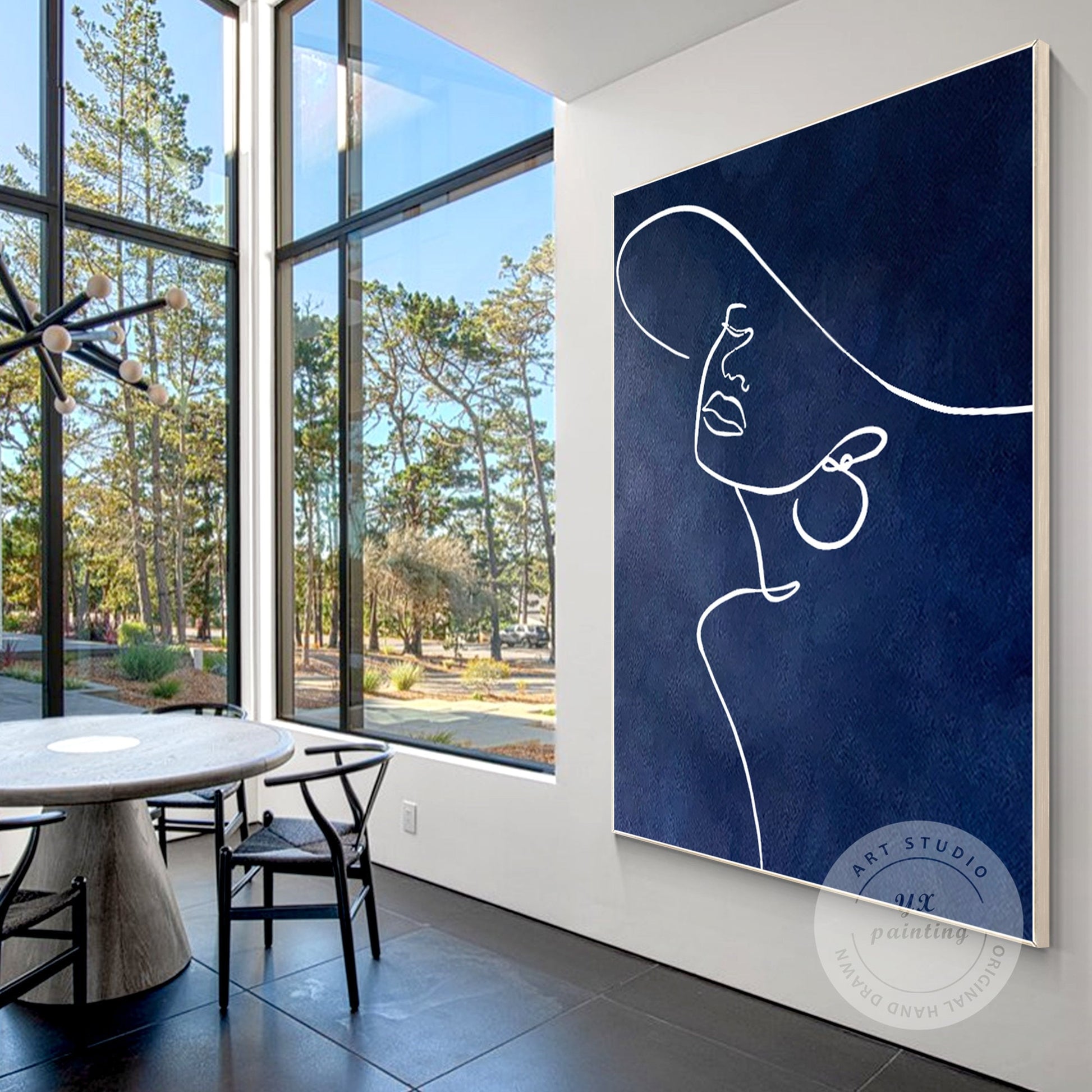 Navy Blue Woman Line Art: Original Acrylic Painting on Canvas #5