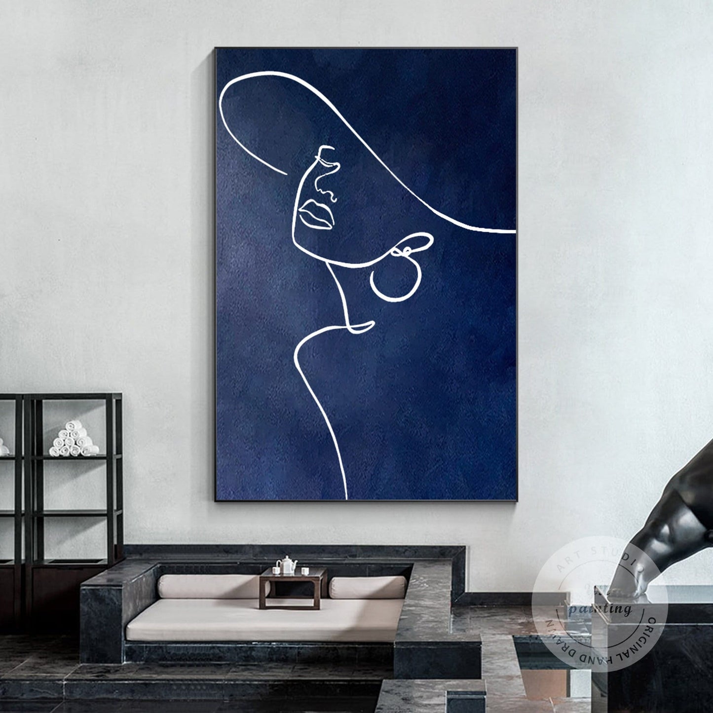 Navy Blue Woman Line Art: Original Acrylic Painting on Canvas #1