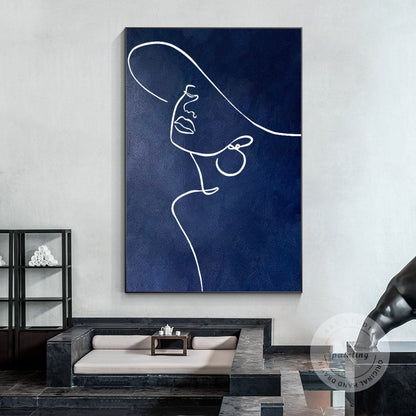 Navy Blue Woman Line Art: Original Acrylic Painting on Canvas #1