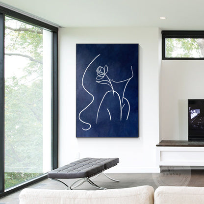 Navy Blue Woman Line Art Painting, Extra Large Vertical Canvas Wall Art, Minimal #2
