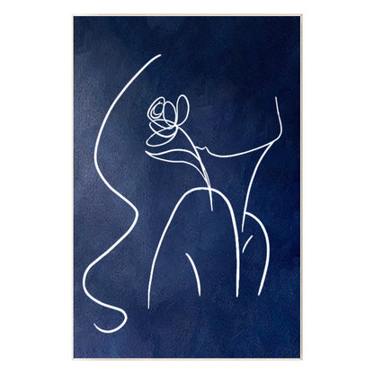 Navy Blue Woman Line Art Painting, Extra Large Vertical Canvas Wall Art, Minimal #13