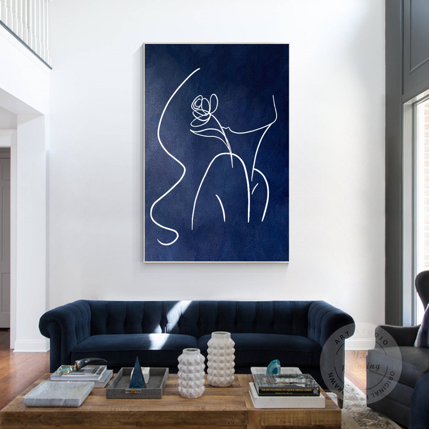 Navy Blue Woman Line Art Painting, Extra Large Vertical Canvas Wall Art, Minimal #3