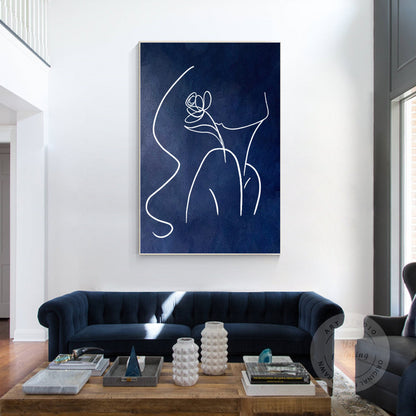 Navy Blue Woman Line Art Painting, Extra Large Vertical Canvas Wall Art, Minimal #3