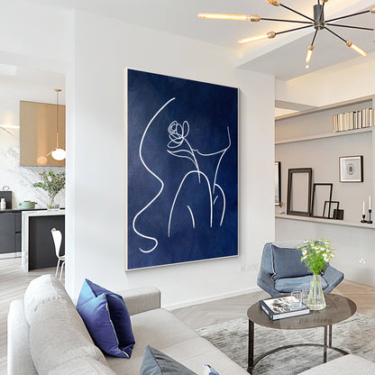 Navy Blue Woman Line Art Painting, Extra Large Vertical Canvas Wall Art, Minimal #4