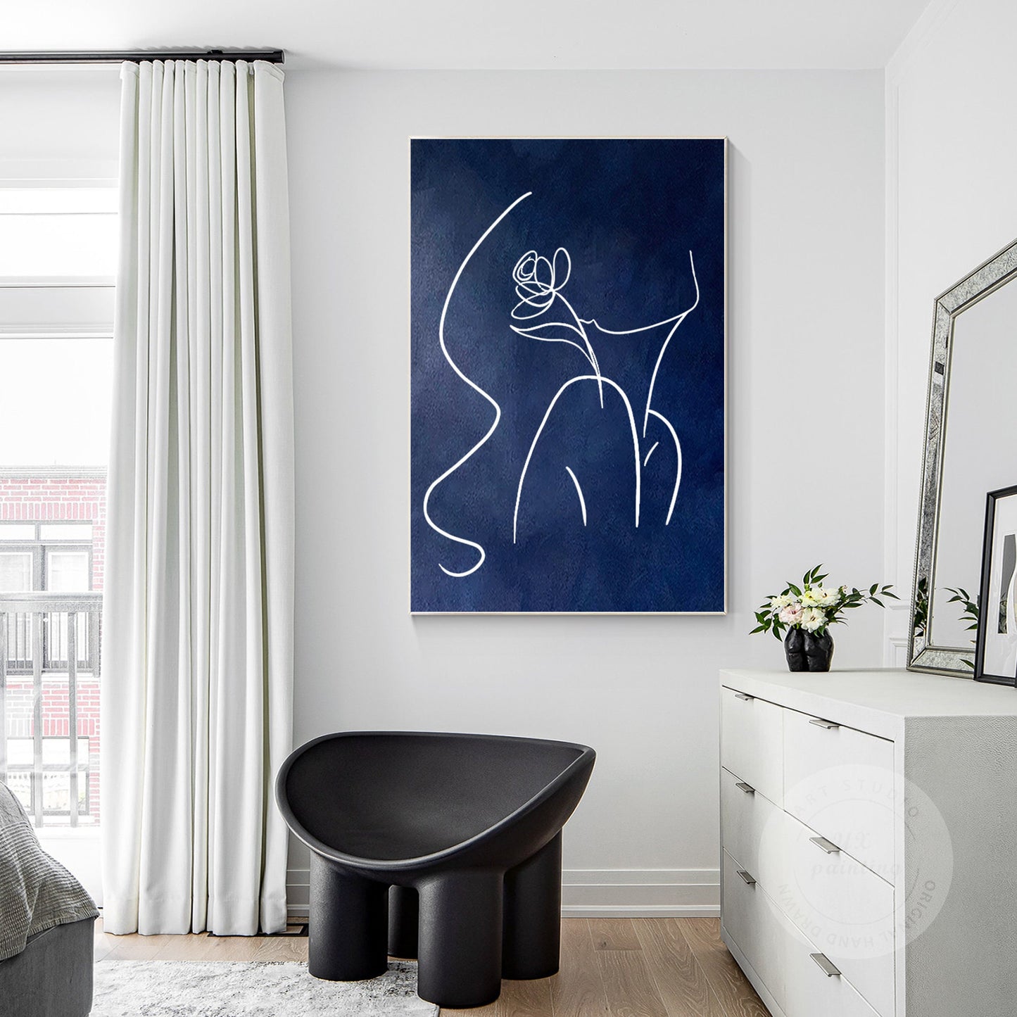 Navy Blue Woman Line Art Painting, Extra Large Vertical Canvas Wall Art, Minimal #5