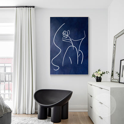 Navy Blue Woman Line Art Painting, Extra Large Vertical Canvas Wall Art, Minimal #5