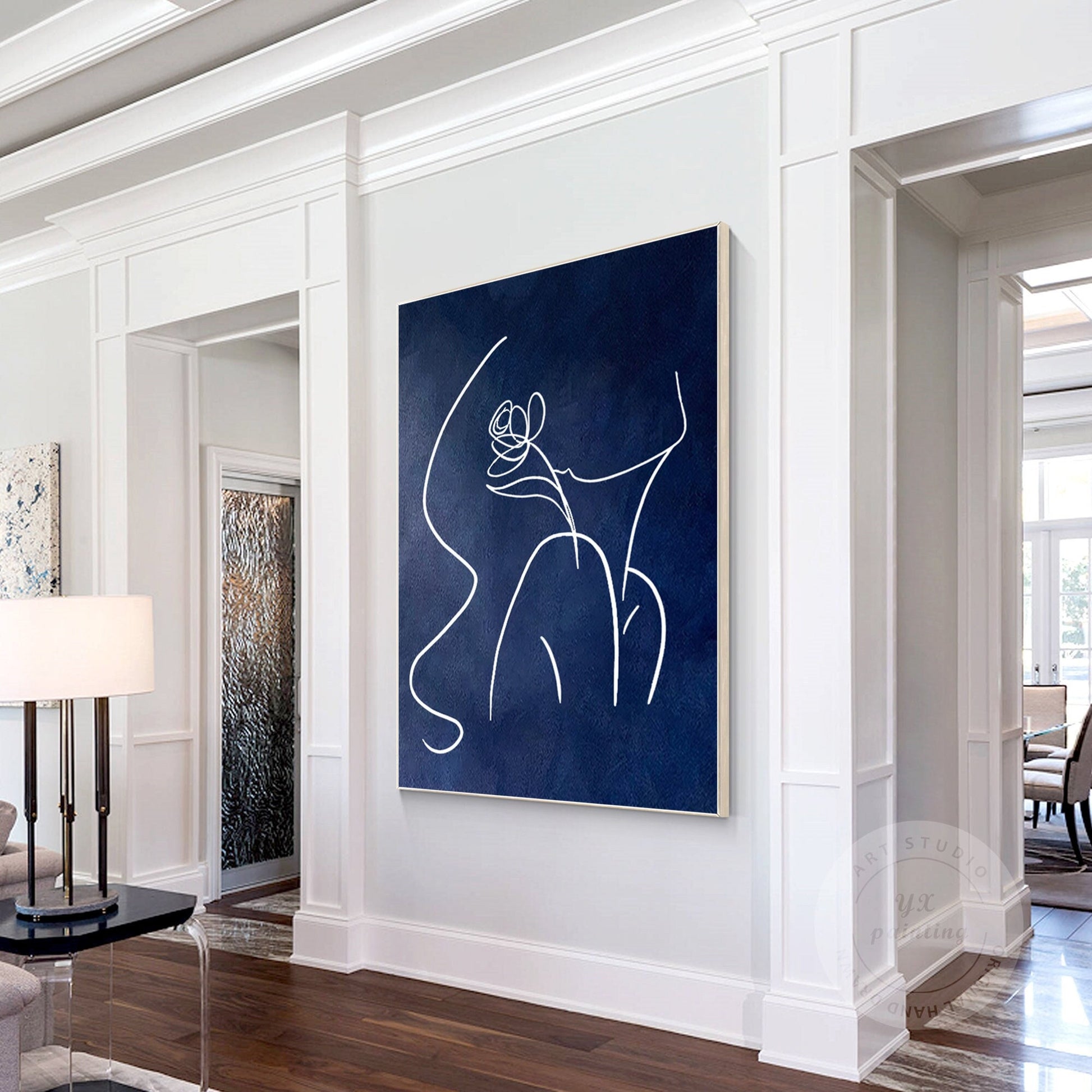 Navy Blue Woman Line Art Painting, Extra Large Vertical Canvas Wall Art, Minimal #1