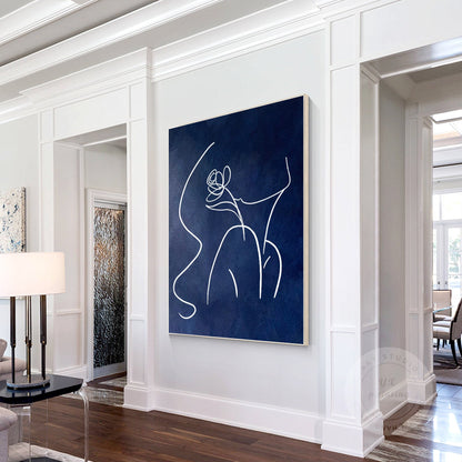 Navy Blue Woman Line Art Painting, Extra Large Vertical Canvas Wall Art, Minimal #1