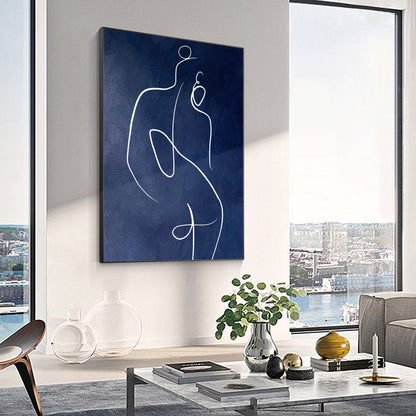 Navy Blue Woman Line Art Painting: Minimalist Figure on Canvas #2