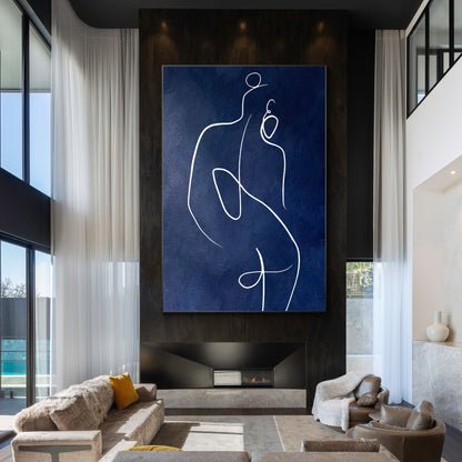 Navy Blue Woman Line Art Painting: Minimalist Figure on Canvas #3