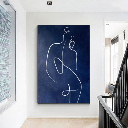 Navy Blue Woman Line Art Painting: Minimalist Figure on Canvas #4