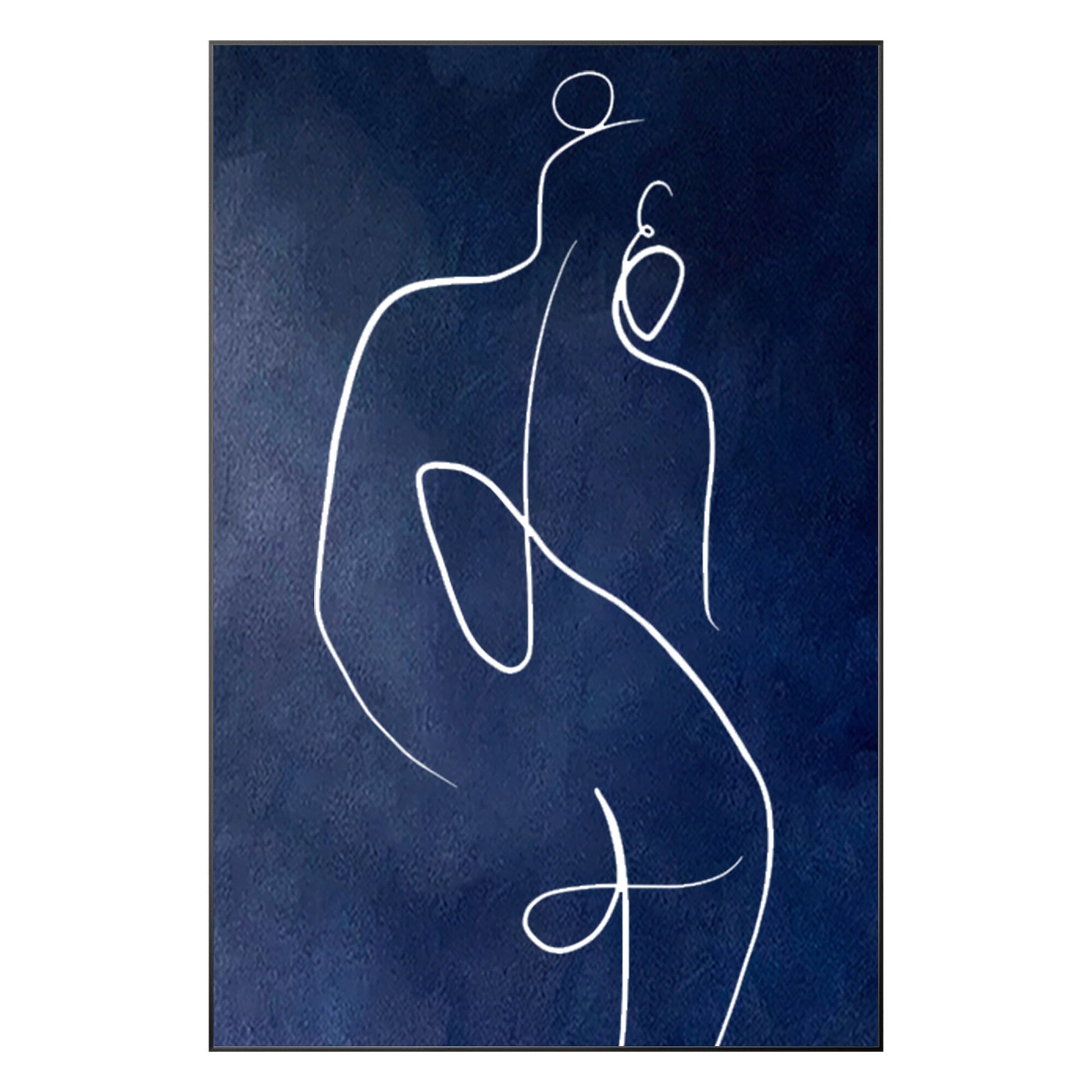 Navy Blue Woman Line Art Painting: Minimalist Figure on Canvas #9
