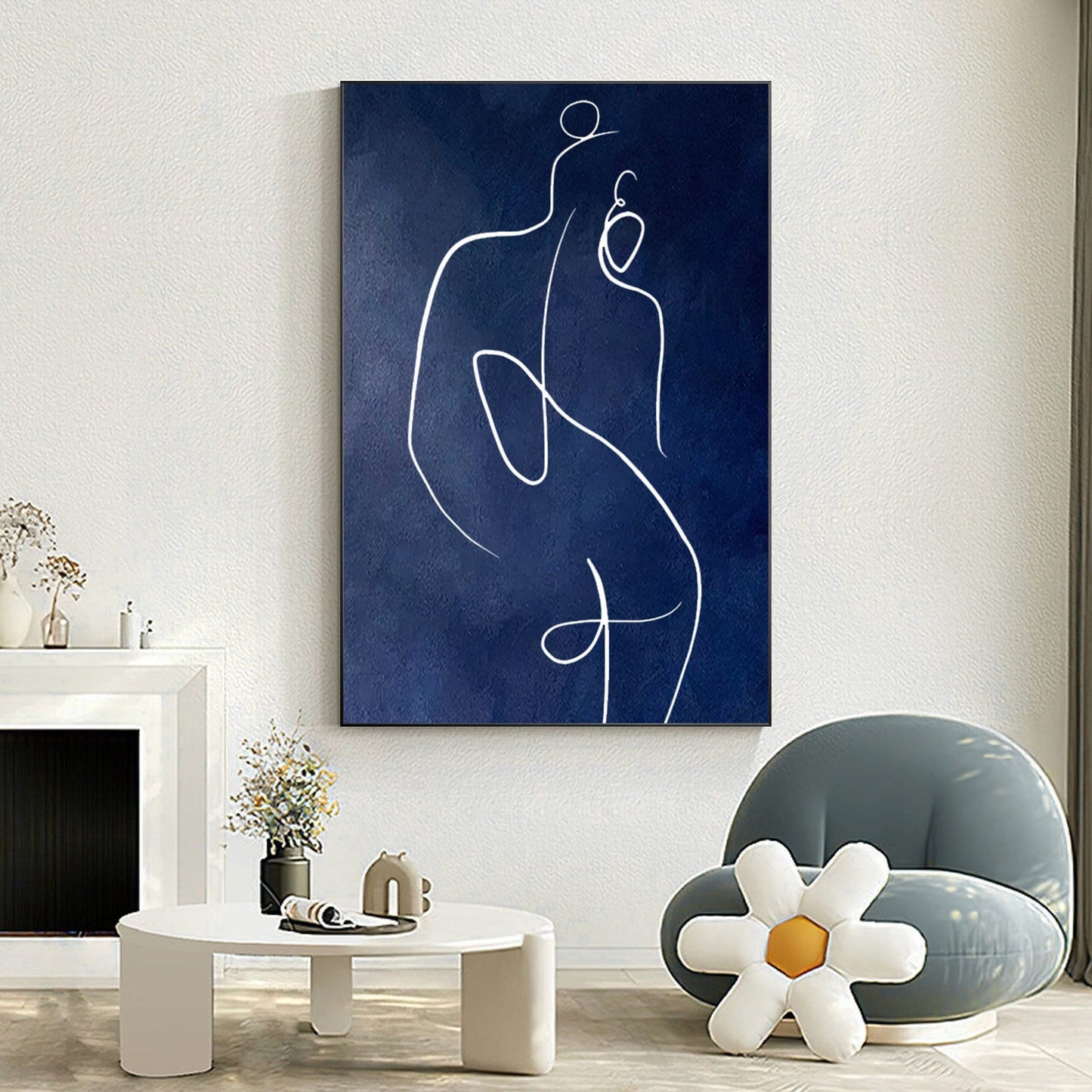 Navy Blue Woman Line Art Painting: Minimalist Figure on Canvas #1
