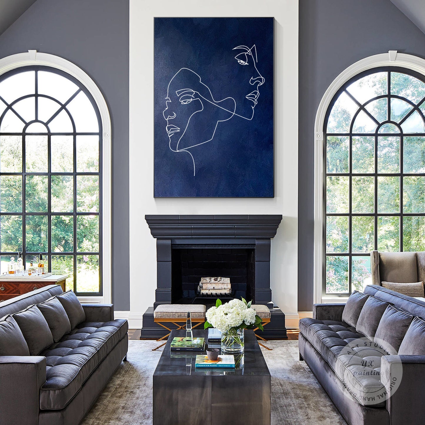 Navy Blue Woman Stick Figure Original Painting on Canvas, Extra Large Huge Verti #2