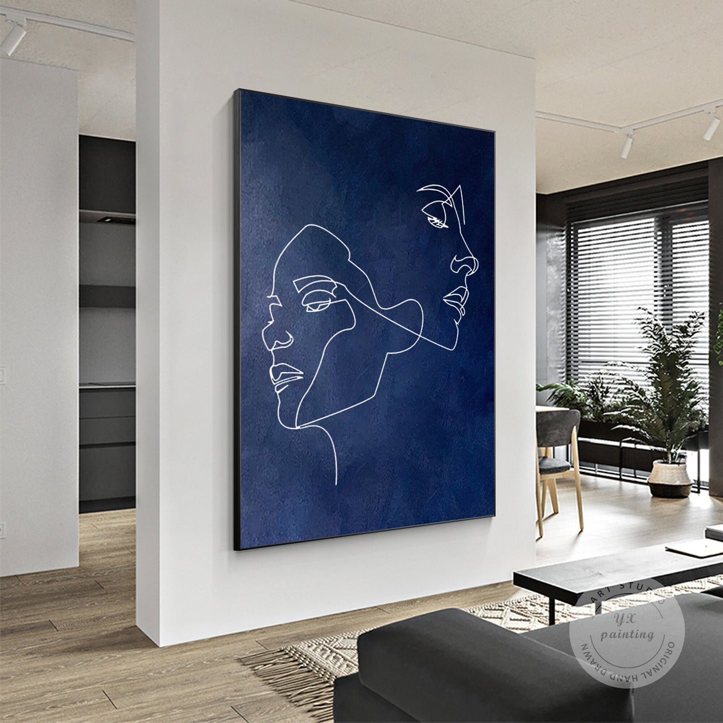 Navy Blue Woman Stick Figure Original Painting on Canvas, Extra Large Huge Verti #3