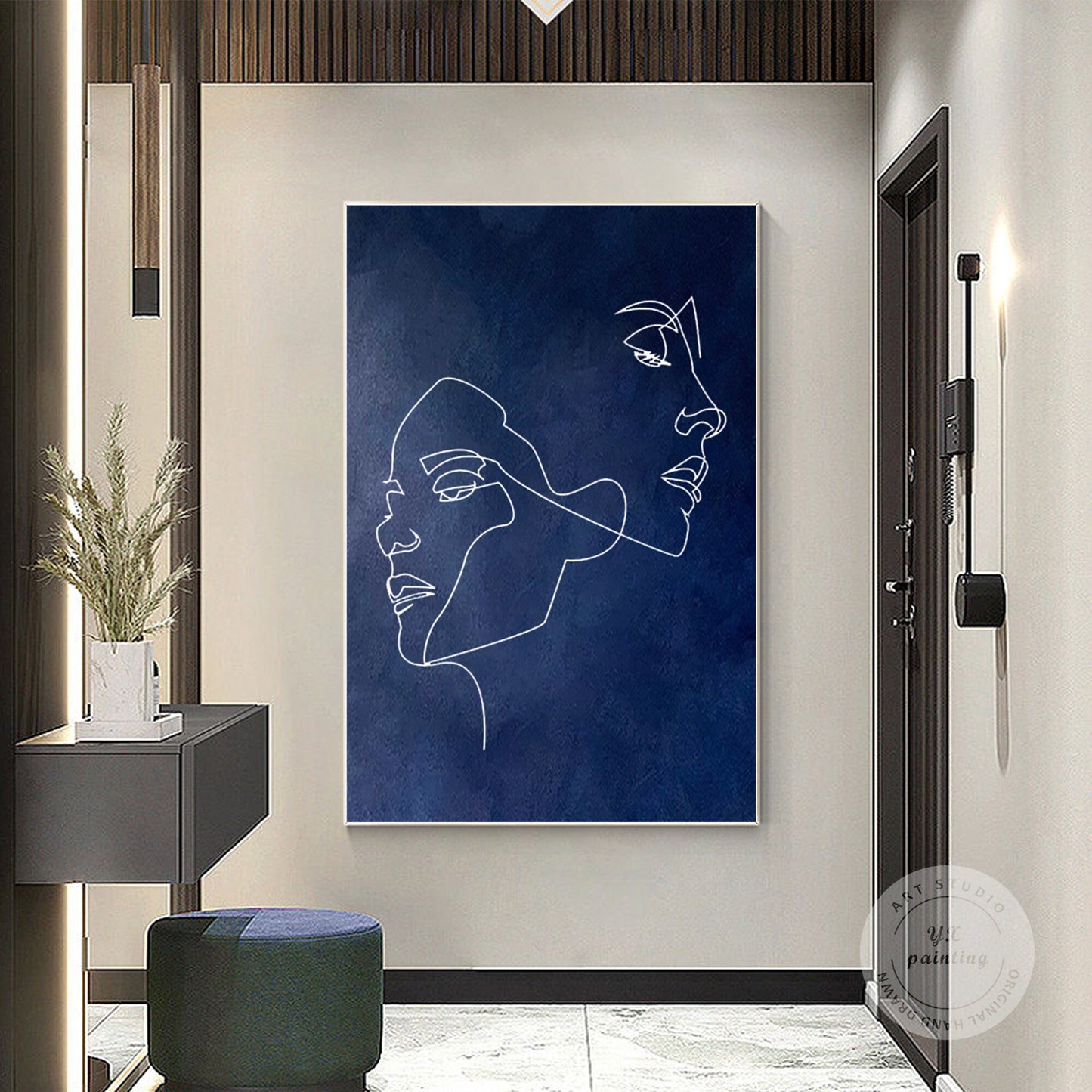 Navy Blue Woman Stick Figure Original Painting on Canvas, Extra Large Huge Verti #5