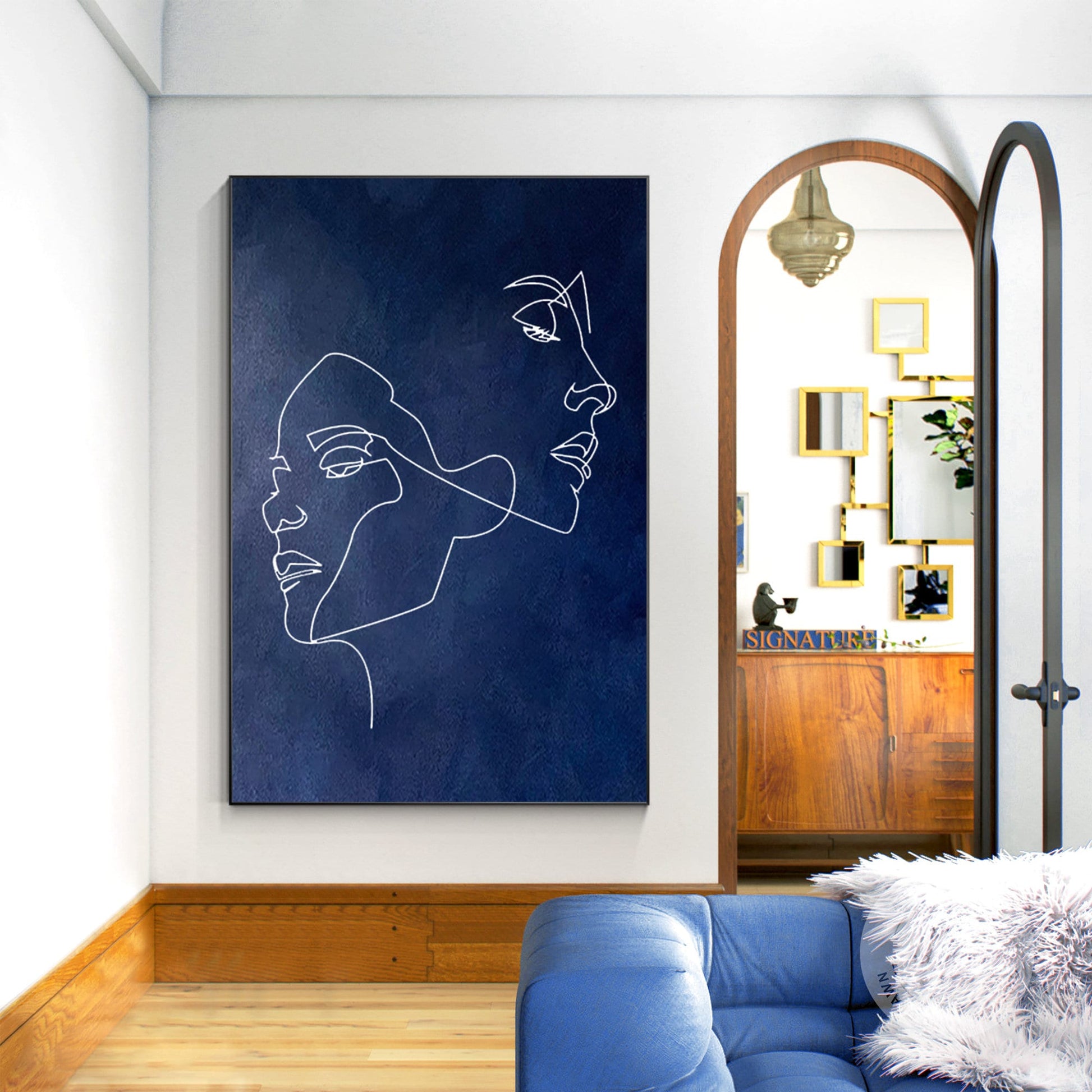 Navy Blue Woman Stick Figure Original Painting on Canvas, Extra Large Huge Verti #1