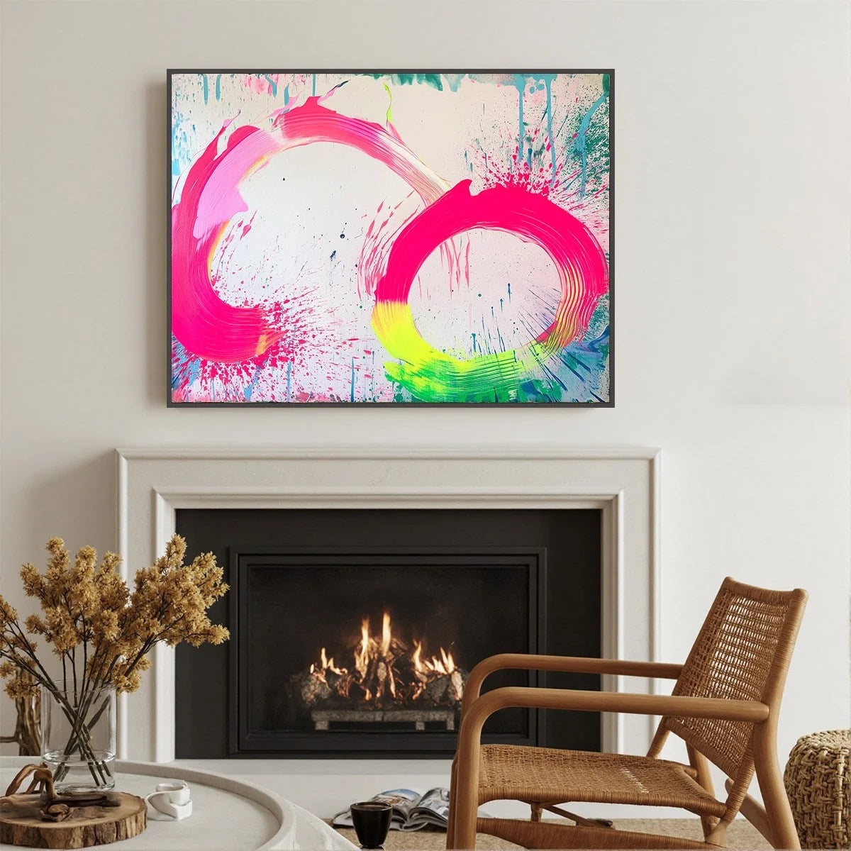 NEON BLOOM: Vibrant Abstract Acrylic Painting | gold frame stretched on neutral wall