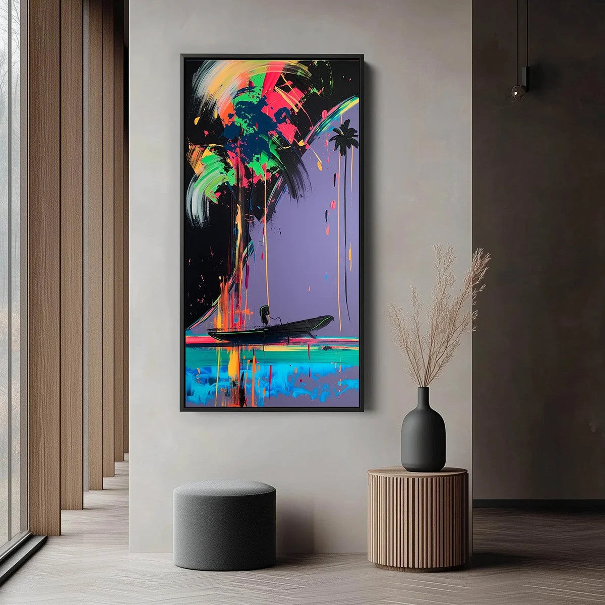 NEON TIDE: Vibrant Abstract Vertical Beach & Sea Painting | gold frame stretched on neutral wall