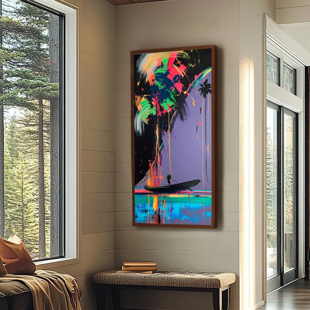 NEON TIDE: Vibrant Abstract Vertical Beach & Sea Painting | black frame version on white wall
