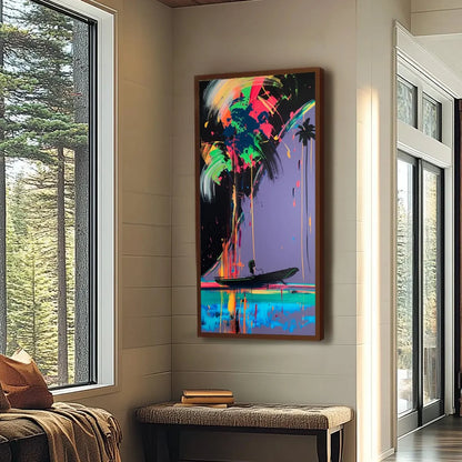 NEON TIDE: Vibrant Abstract Vertical Beach & Sea Painting | black frame version on white wall