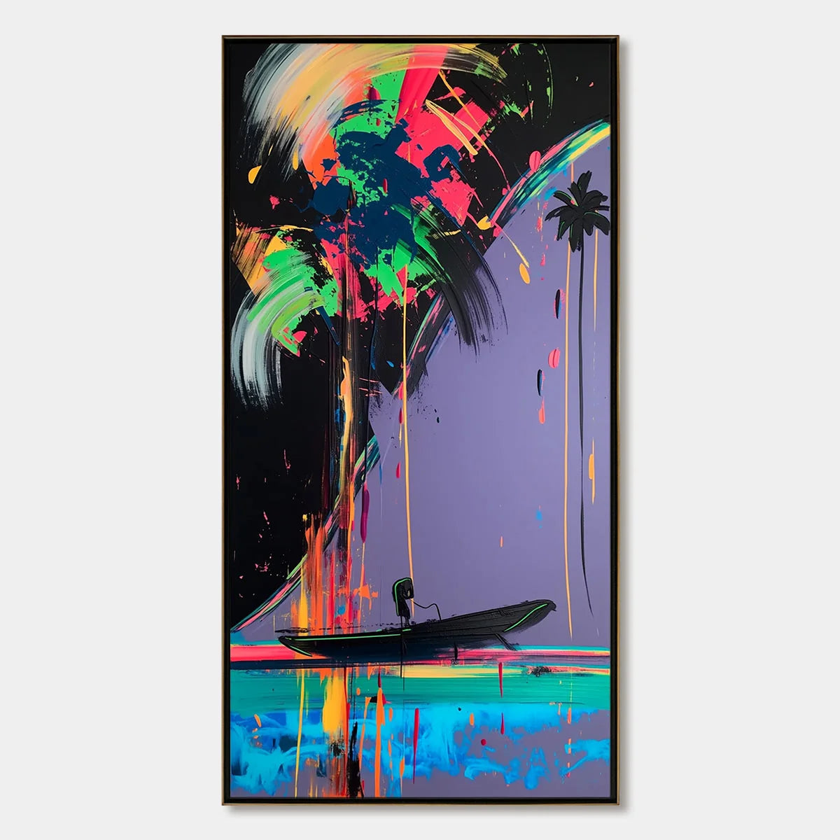 NEON TIDE: Vibrant Abstract Vertical Beach & Sea Painting | hanging in living room, Abstract wall art